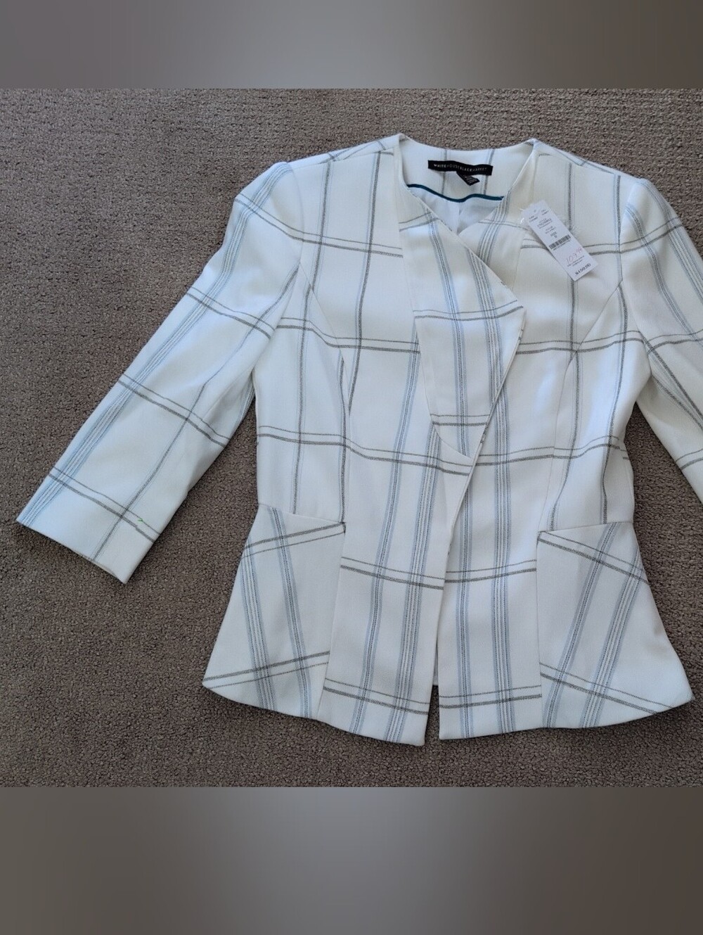 White House Black Market Dropped Front Windowpane Plaid White/ Grey Jacket - Picture 6 of 10